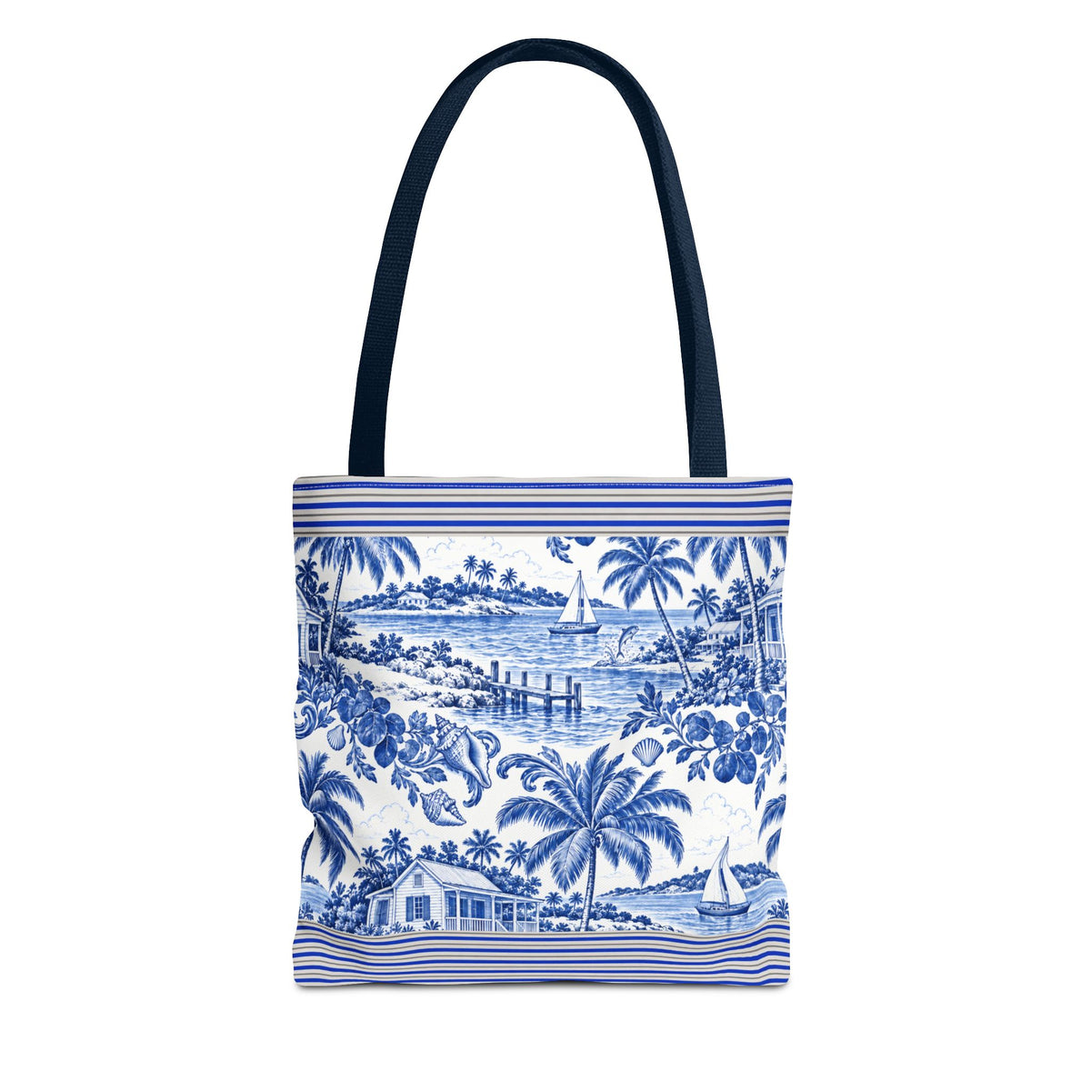 Nassau Blue Coastal Toile Tote Bag — Nautical Bahama / Palm Beach Scene All-Over Print
