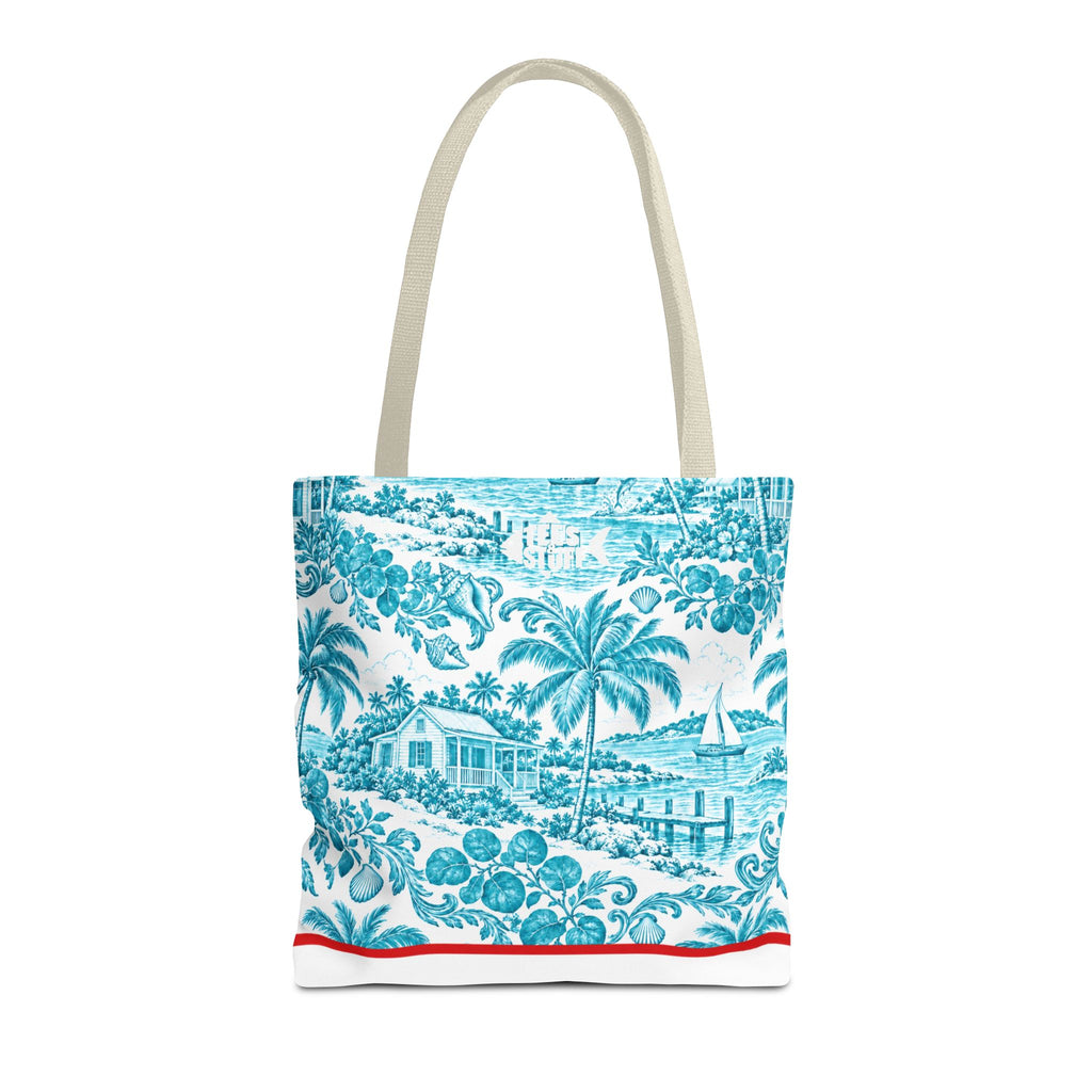 Turquoise coastal Toile Tote Bag- Palm Trees & Island Houses.