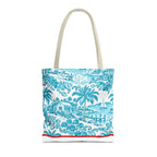 Turquoise coastal Toile Tote Bag- Palm Trees & Island Houses.