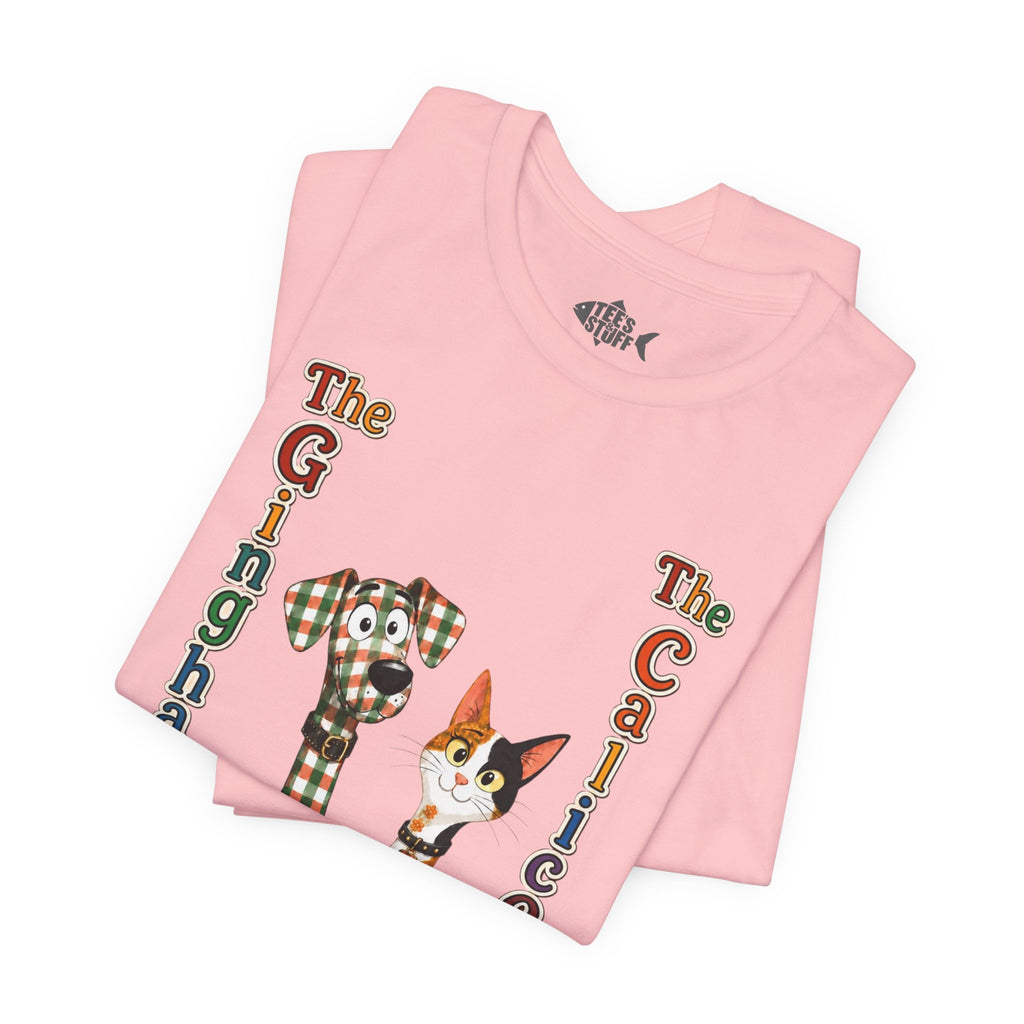 Gingham Dog & Calico Cat Tee — Plaid Pet Illustration T-Shirt