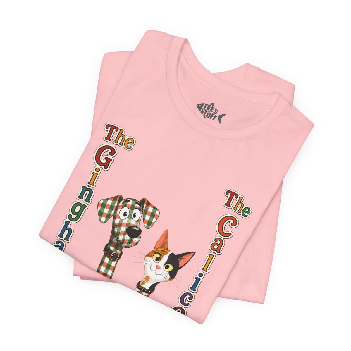 Gingham Dog & Calico Cat Tee — Plaid Pet Illustration T-Shirt