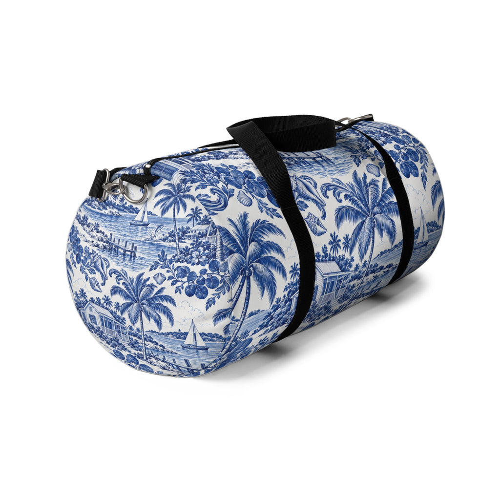 Tropical Blue Toile Duffel Bag — Coastal Palm & Sailboat Weekend Bag