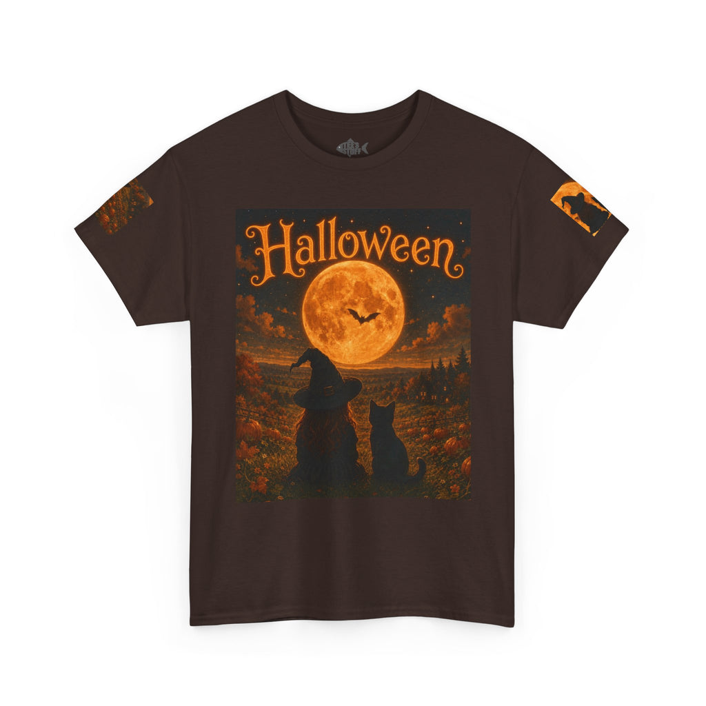 Halloween Graphic Tee — "It's Halloween" Witch & Cat Moon Design