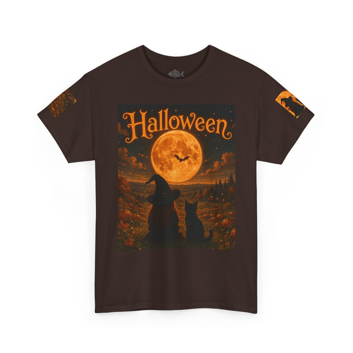 Halloween Graphic Tee — "It's Halloween" Witch & Cat Moon Design