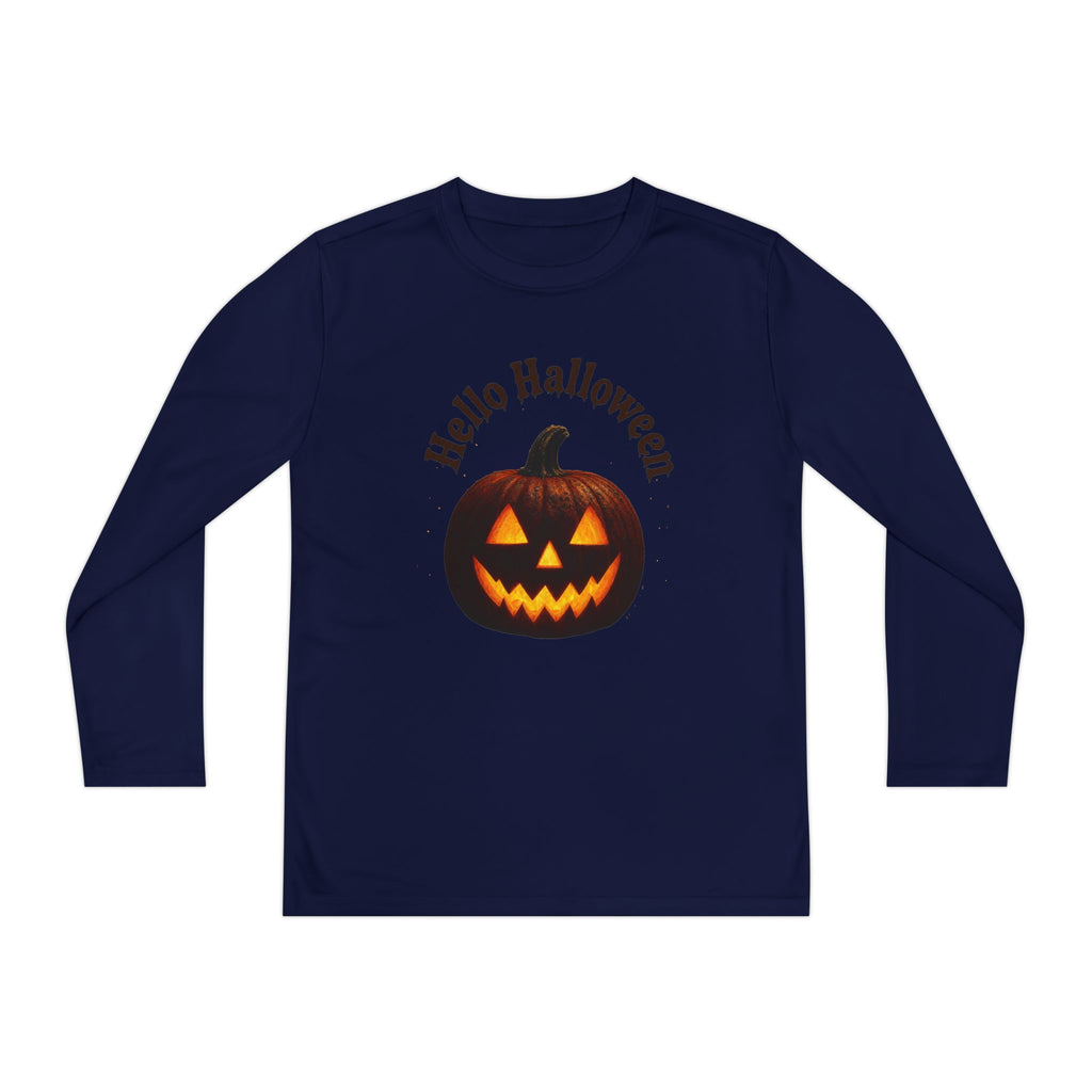 Youth Long Sleeve Tee - 'Hello Halloween' Jack-o'-Lantern Pumpkin Shirt