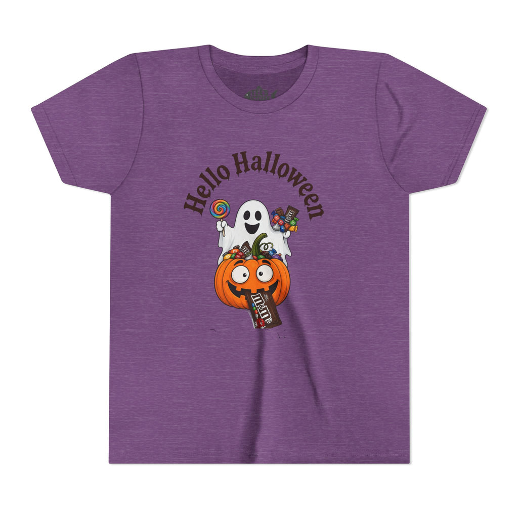 Youth Halloween Tee - "Hello Halloween" Ghost & Pumpkin Trick-or-Treat Shirt