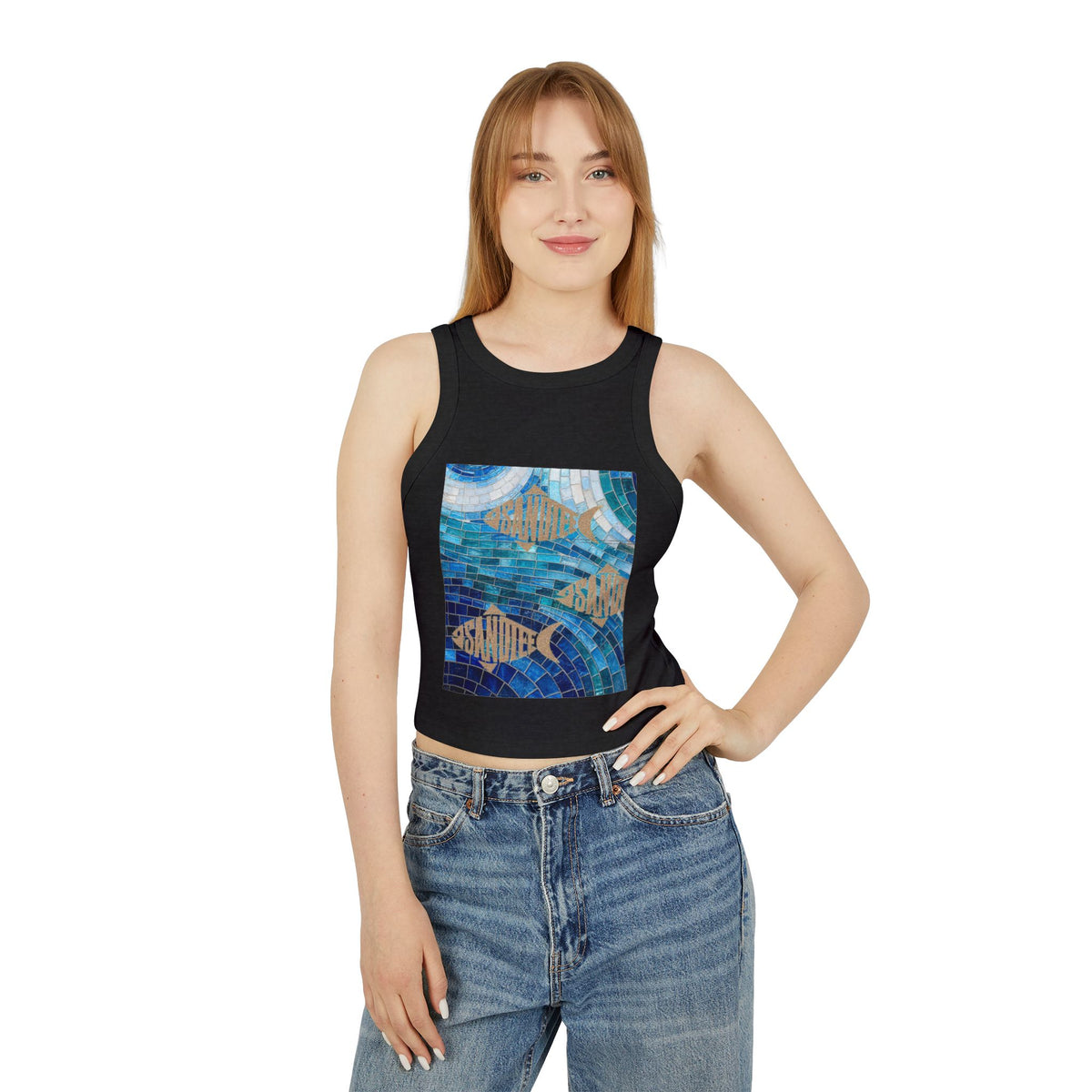 Ocean Mosaic Fish Racer Tank Top — Beachy Blue Graphic Crop Tank