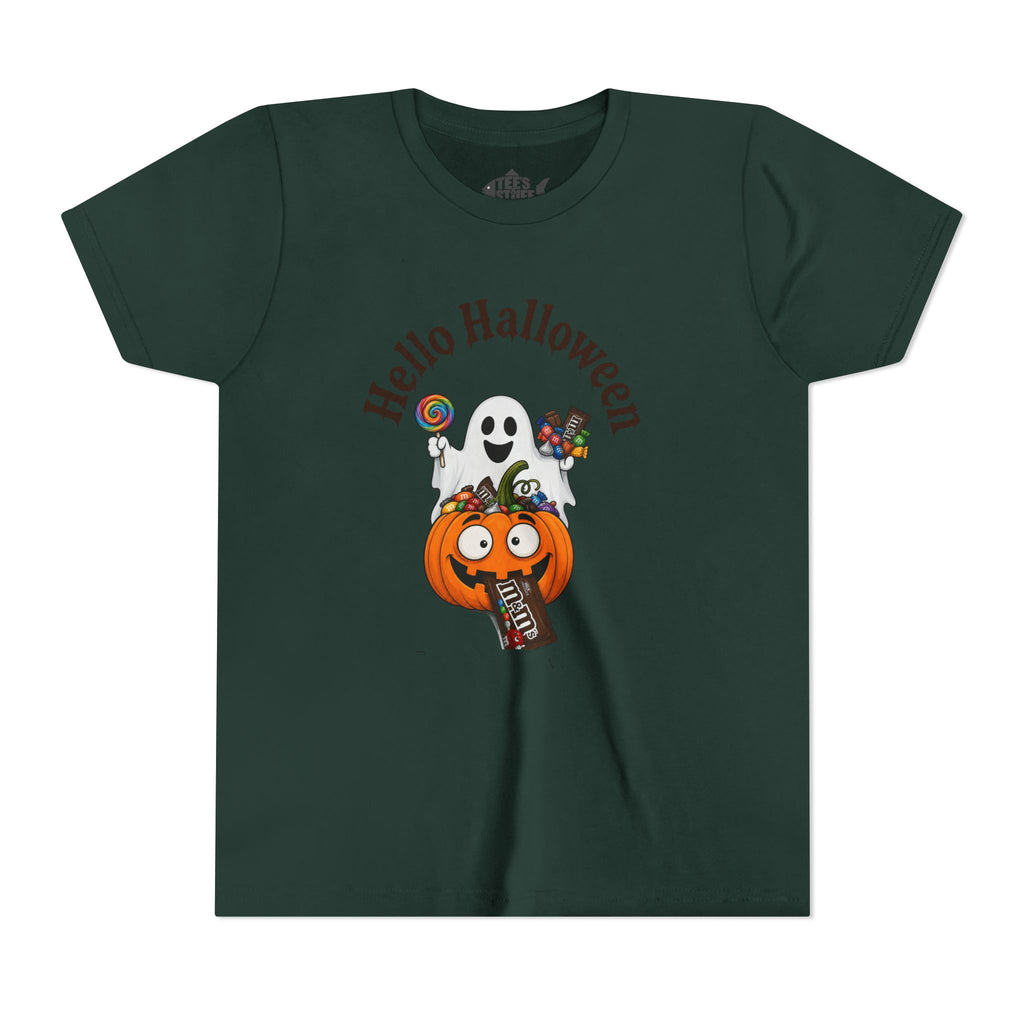 Youth Halloween Tee - "Hello Halloween" Ghost & Pumpkin Trick-or-Treat Shirt
