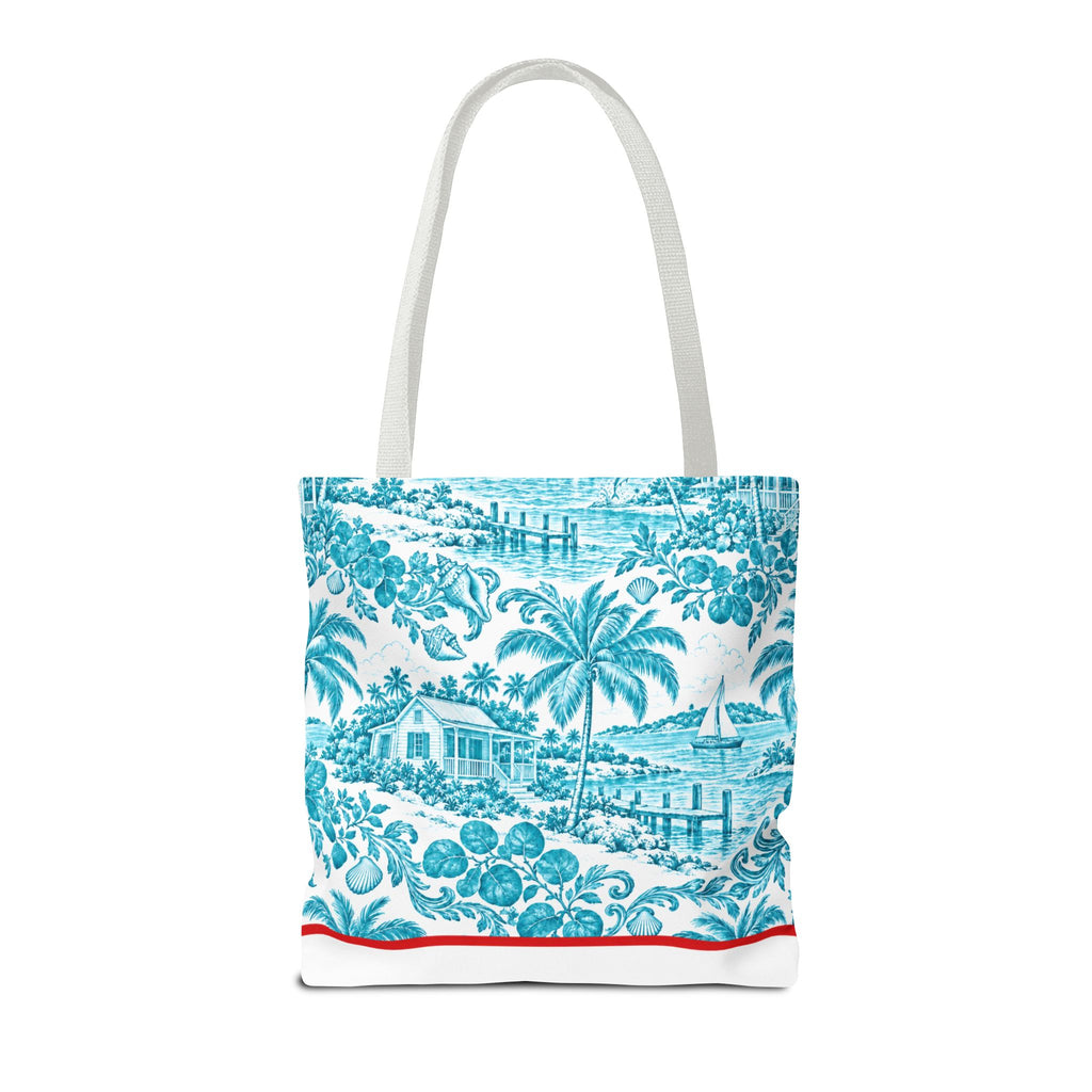 Turquoise coastal Toile Tote Bag- Palm Trees & Island Houses.