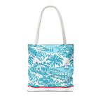 Turquoise coastal Toile Tote Bag- Palm Trees & Island Houses.