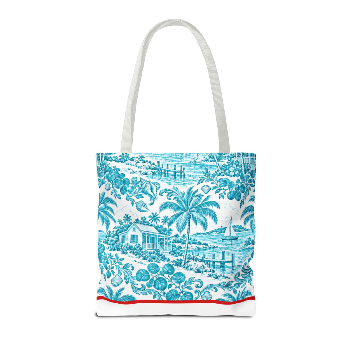Turquoise coastal Toile Tote Bag- Palm Trees & Island Houses.