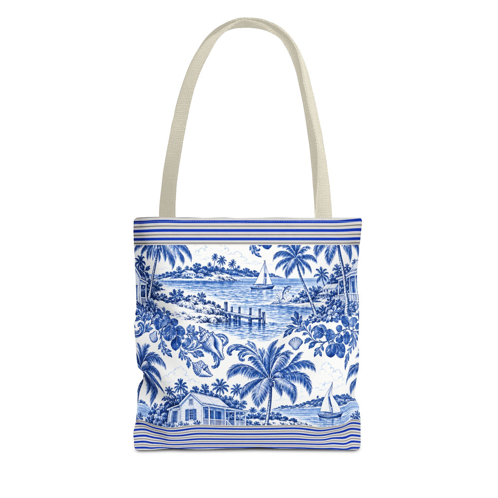 Nassau Blue Coastal Toile Tote Bag — Nautical Bahama / Palm Beach Scene All-Over Print