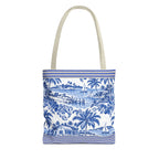 Nassau Blue Coastal Toile Tote Bag — Nautical Bahama / Palm Beach Scene All-Over Print