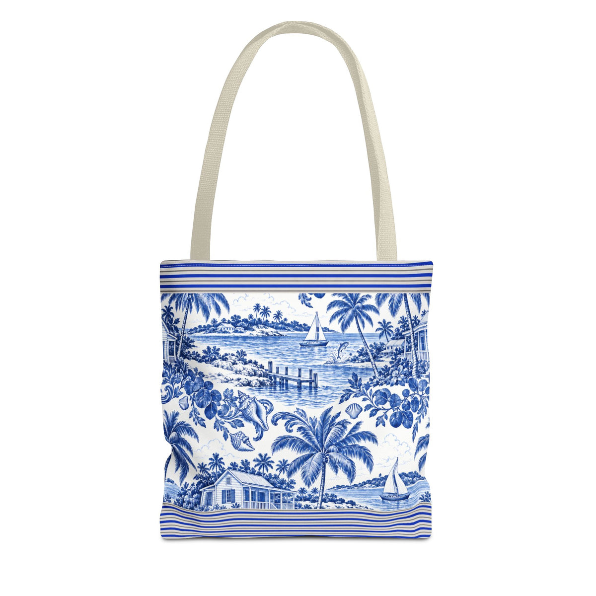 Nassau Blue Coastal Toile Tote Bag — Nautical Bahama / Palm Beach Scene All-Over Print