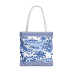 Nassau Blue Coastal Toile Tote Bag — Nautical Bahama / Palm Beach Scene All-Over Print