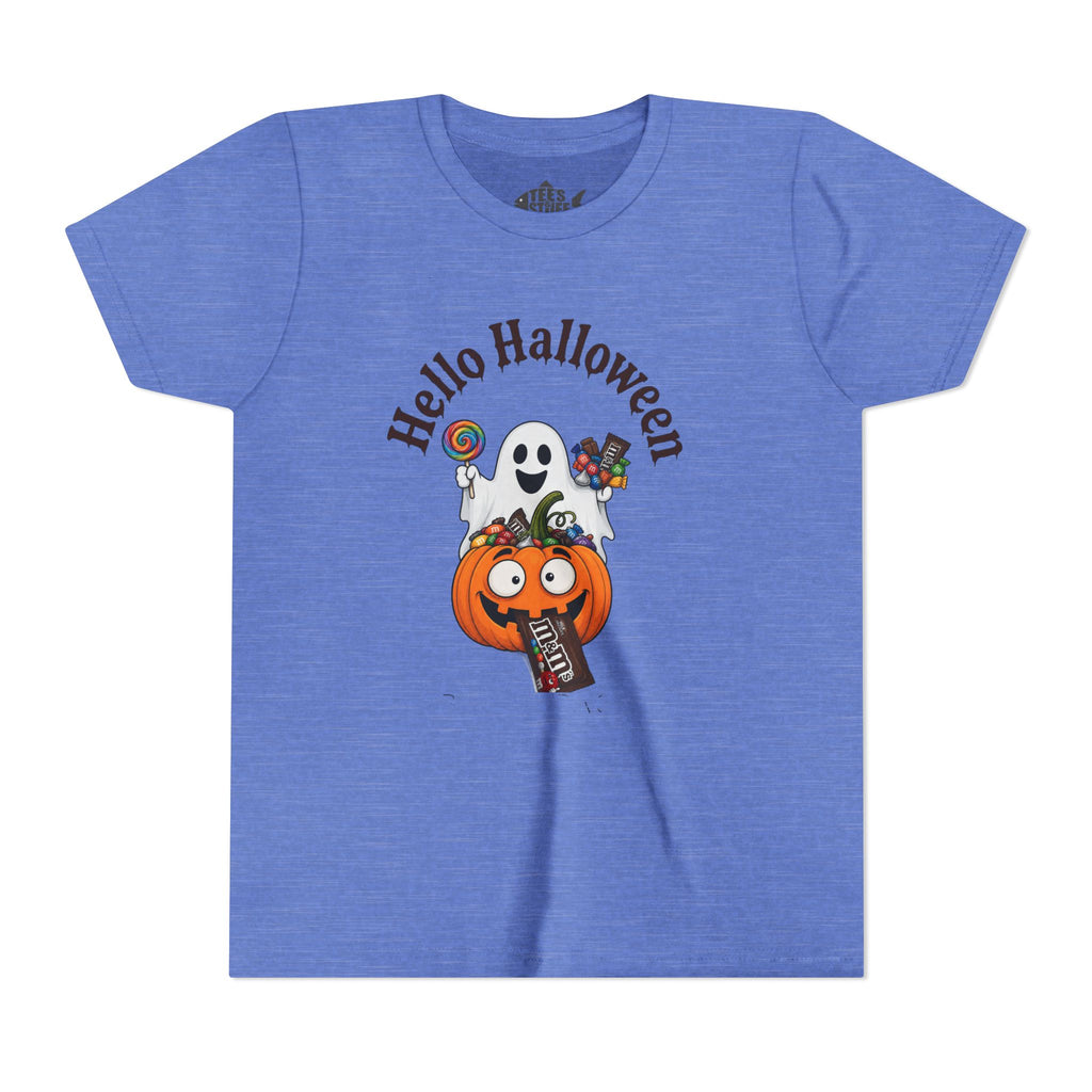 Youth Halloween Tee - "Hello Halloween" Ghost & Pumpkin Trick-or-Treat Shirt