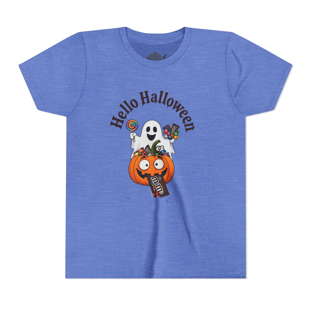Youth Halloween Tee - "Hello Halloween" Ghost & Pumpkin Trick-or-Treat Shirt