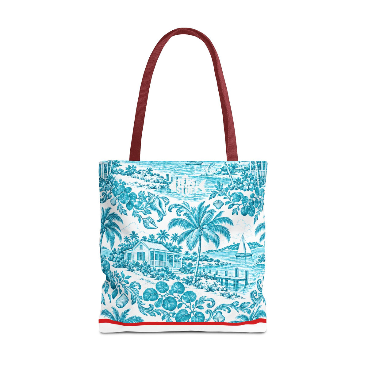 Turquoise coastal Toile Tote Bag- Palm Trees & Island Houses.