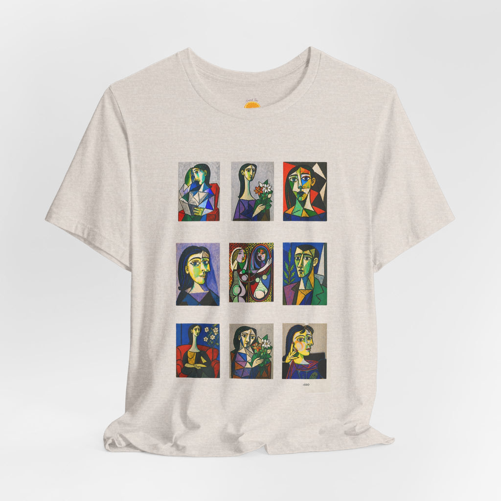 Picasso Portrait Grid T‑Shirt — Colorful Cubist Faces Art Tee