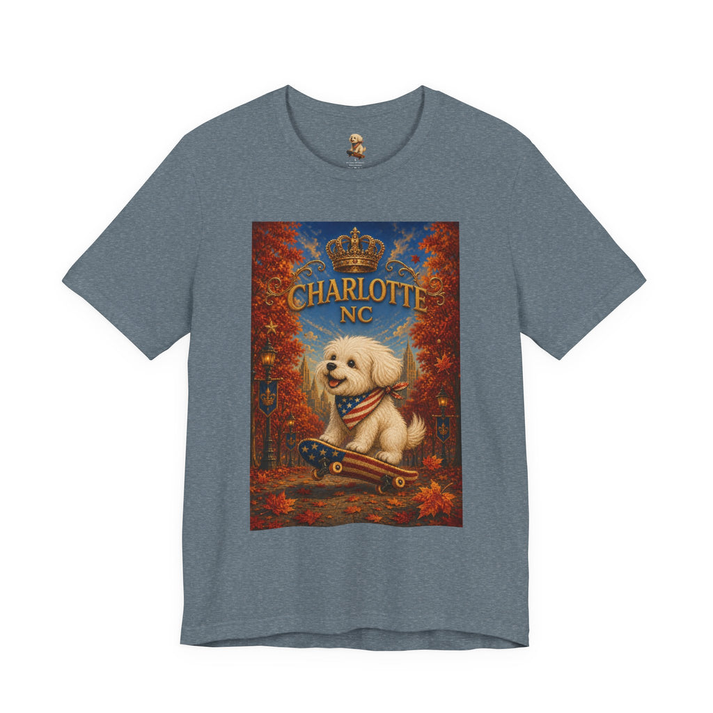 Charlotte NC Dog Tee — Cute Pup on Skateboard Patriotic T‑Shirt