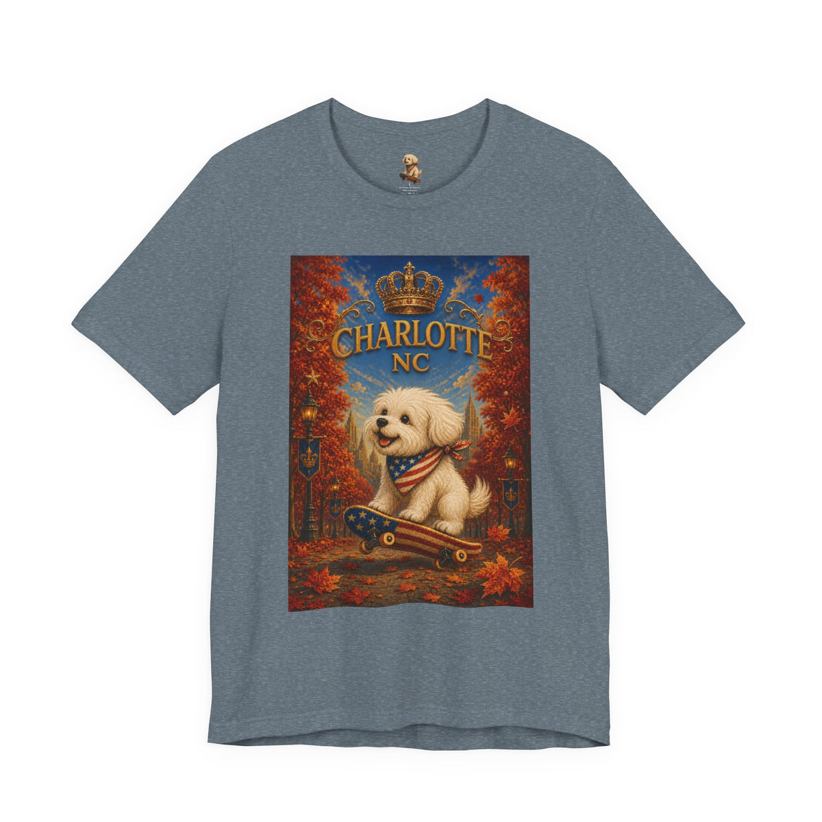 Charlotte NC Dog Tee — Cute Pup on Skateboard Patriotic T‑Shirt