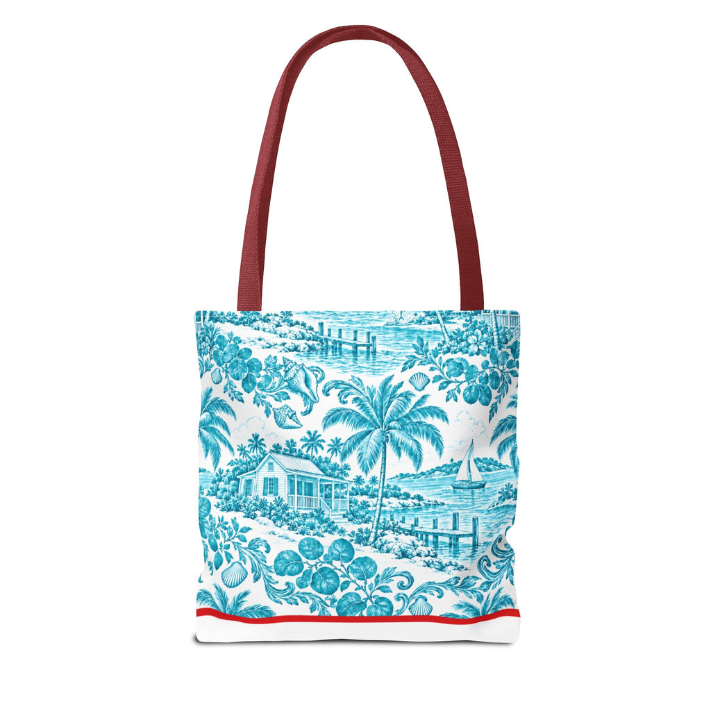 Turquoise coastal Toile Tote Bag- Palm Trees & Island Houses.