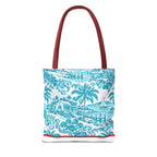 Turquoise coastal Toile Tote Bag- Palm Trees & Island Houses.