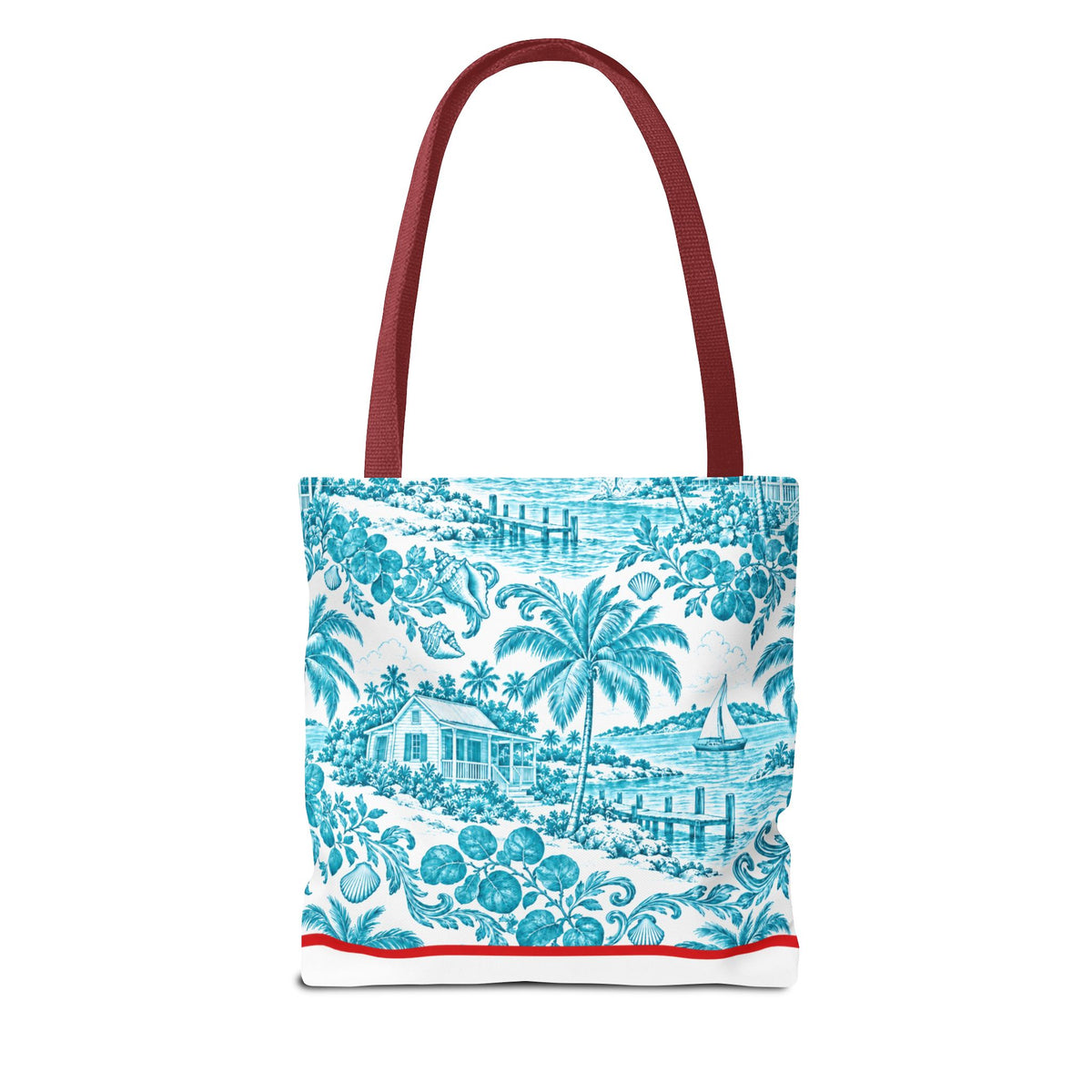 Turquoise coastal Toile Tote Bag- Palm Trees & Island Houses.