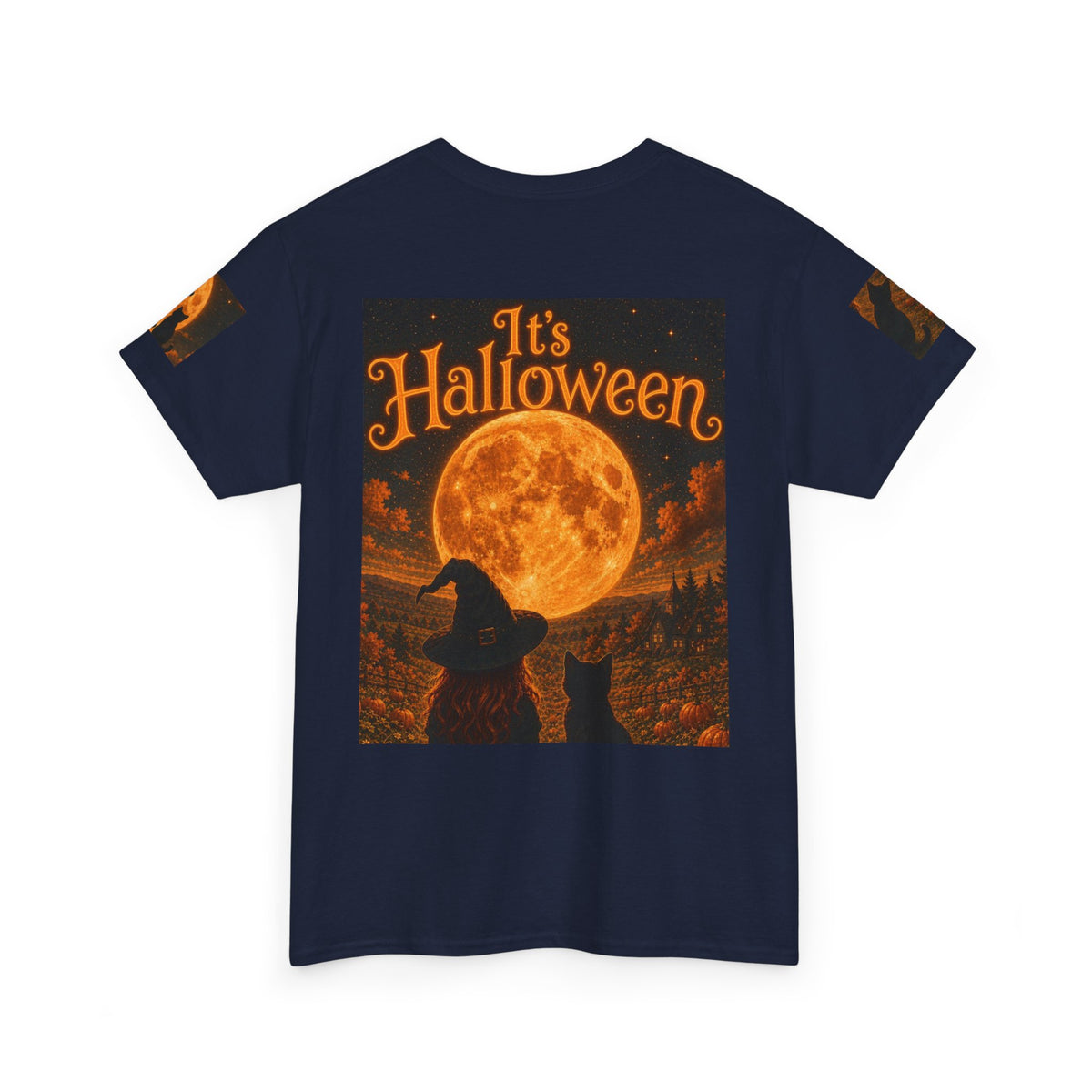 Halloween Graphic Tee — "It's Halloween" Witch & Cat Moon Design