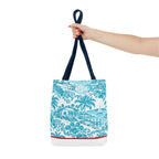 Turquoise coastal Toile Tote Bag- Palm Trees & Island Houses.