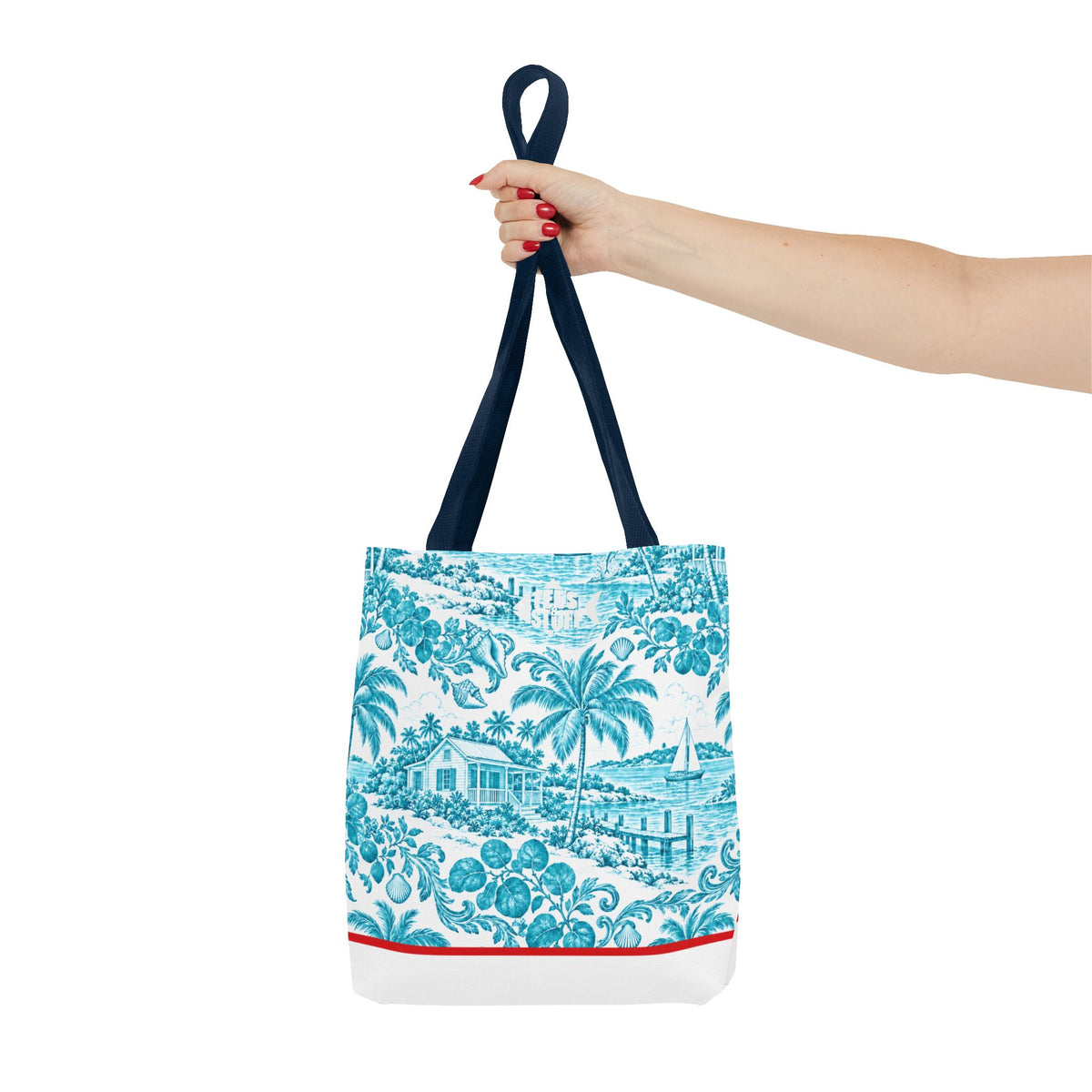 Turquoise coastal Toile Tote Bag- Palm Trees & Island Houses.