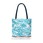 Turquoise coastal Toile Tote Bag- Palm Trees & Island Houses.