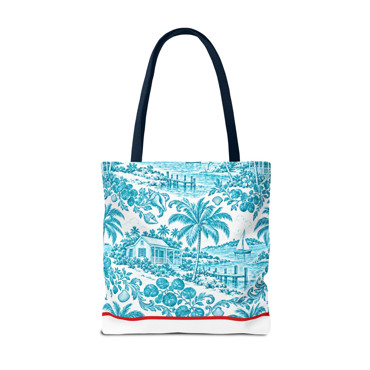 Turquoise coastal Toile Tote Bag- Palm Trees & Island Houses.