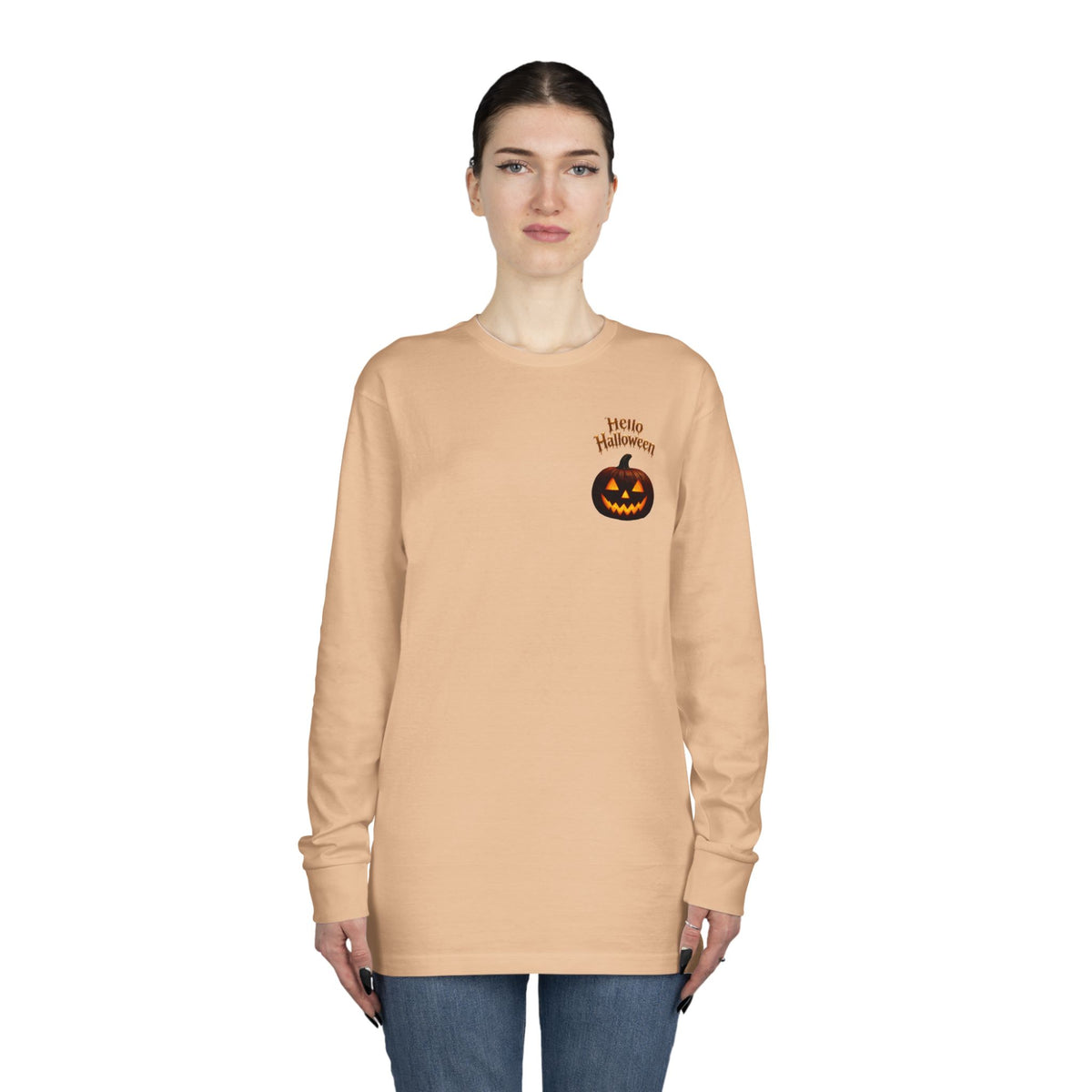 Halloween Cat Long Sleeve Tee — 'Hello Halloween' Jack-O'-Lantern Graphic
