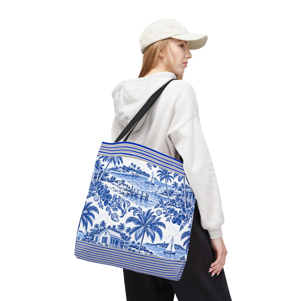 Nassau Blue Coastal Toile Tote Bag — Nautical Bahama / Palm Beach Scene All-Over Print