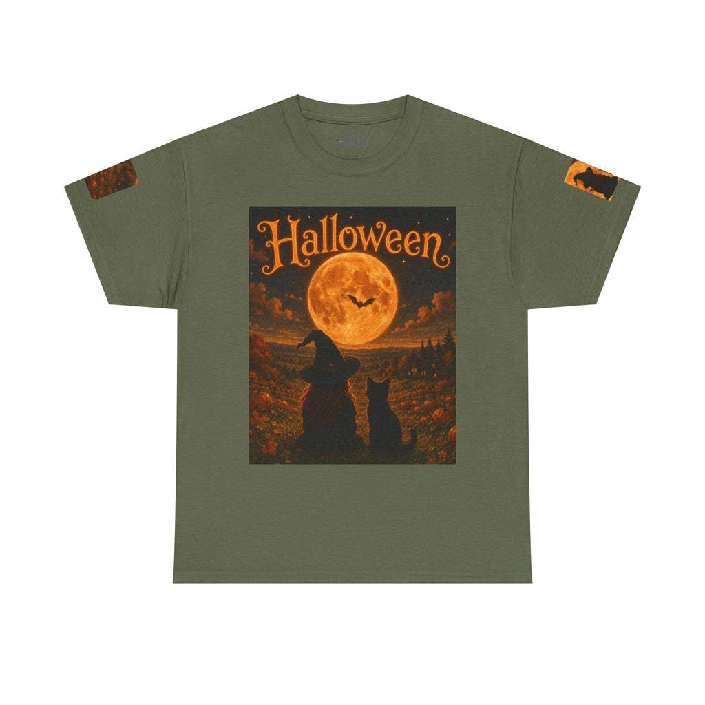 Halloween Graphic Tee — "It's Halloween" Witch & Cat Moon Design