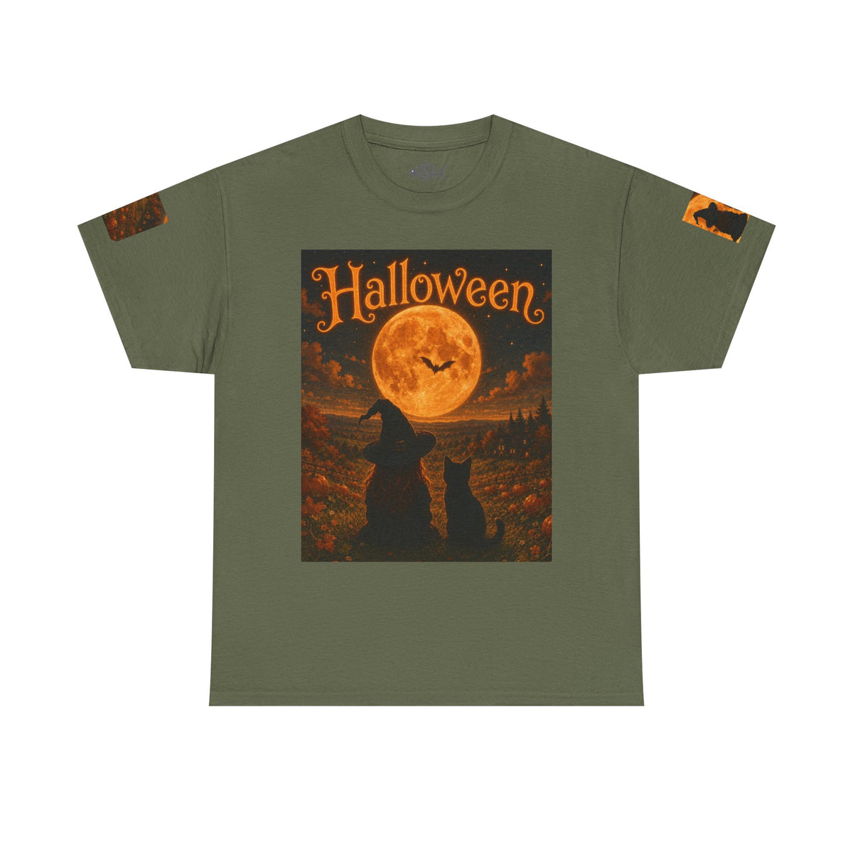 Halloween Graphic Tee — "It's Halloween" Witch & Cat Moon Design