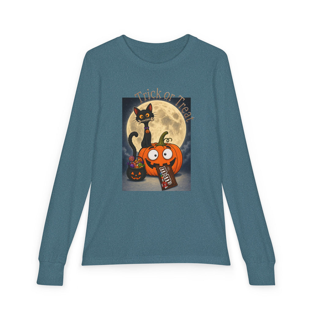 Kids' Halloween Long Sleeve Tee — 'Trick or Treat' Black Cat & Pumpkin Design