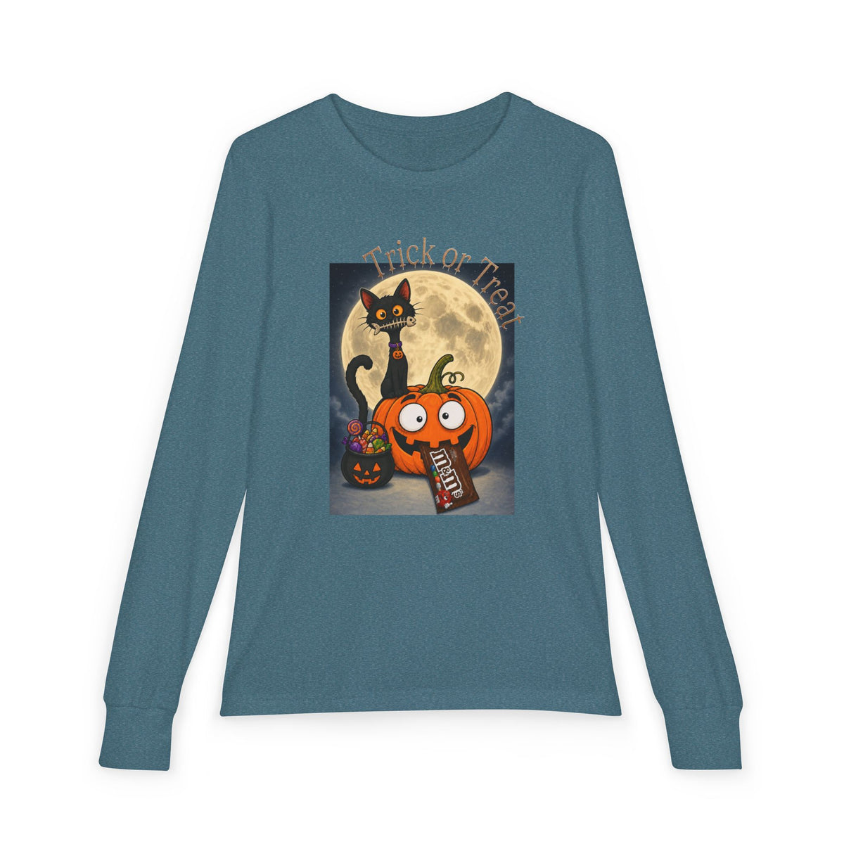 Kids' Halloween Long Sleeve Tee — 'Trick or Treat' Black Cat & Pumpkin Design