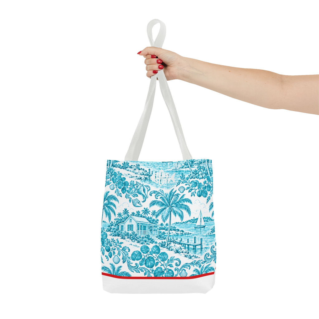 Turquoise coastal Toile Tote Bag- Palm Trees & Island Houses.