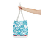 Turquoise coastal Toile Tote Bag- Palm Trees & Island Houses.