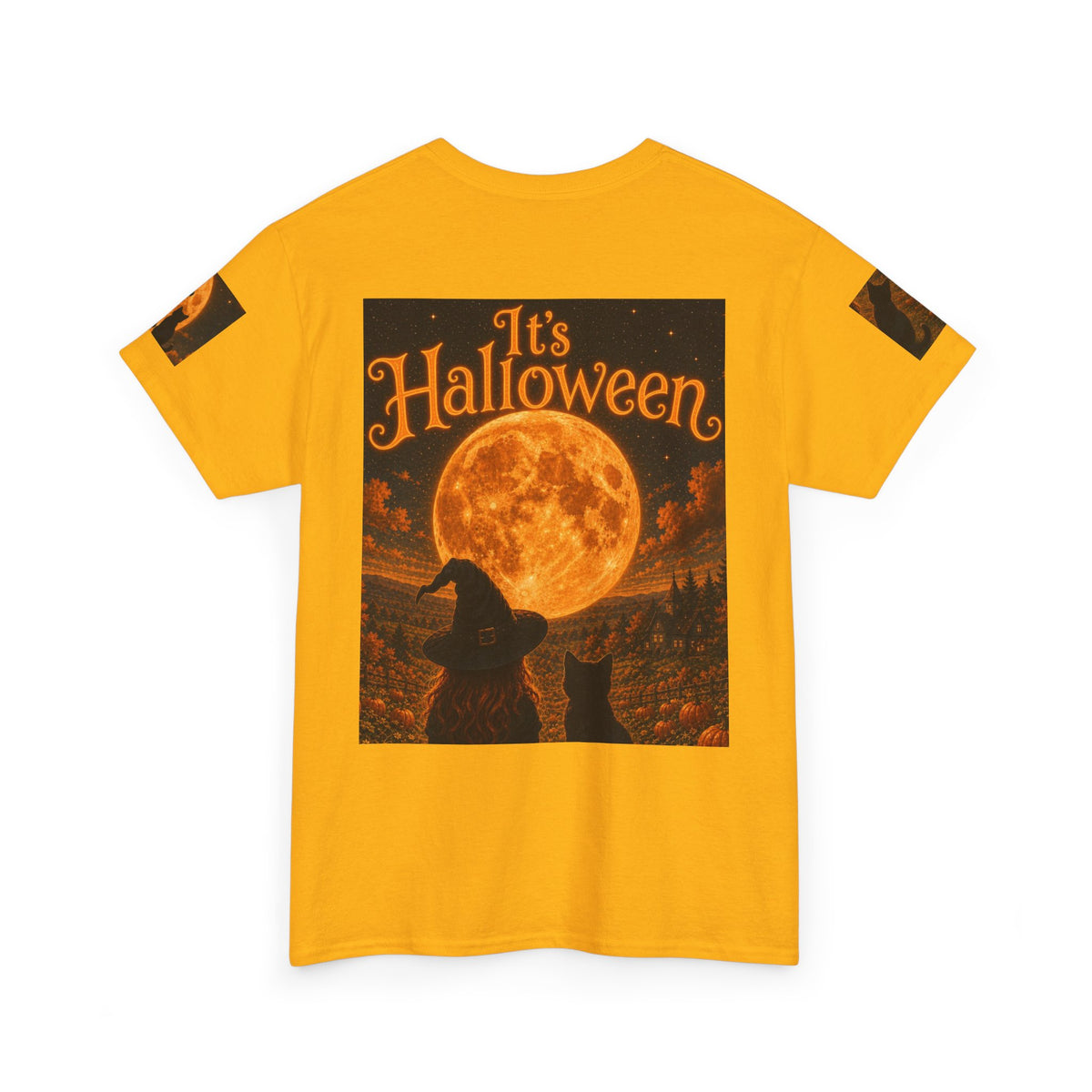 Halloween Graphic Tee — "It's Halloween" Witch & Cat Moon Design