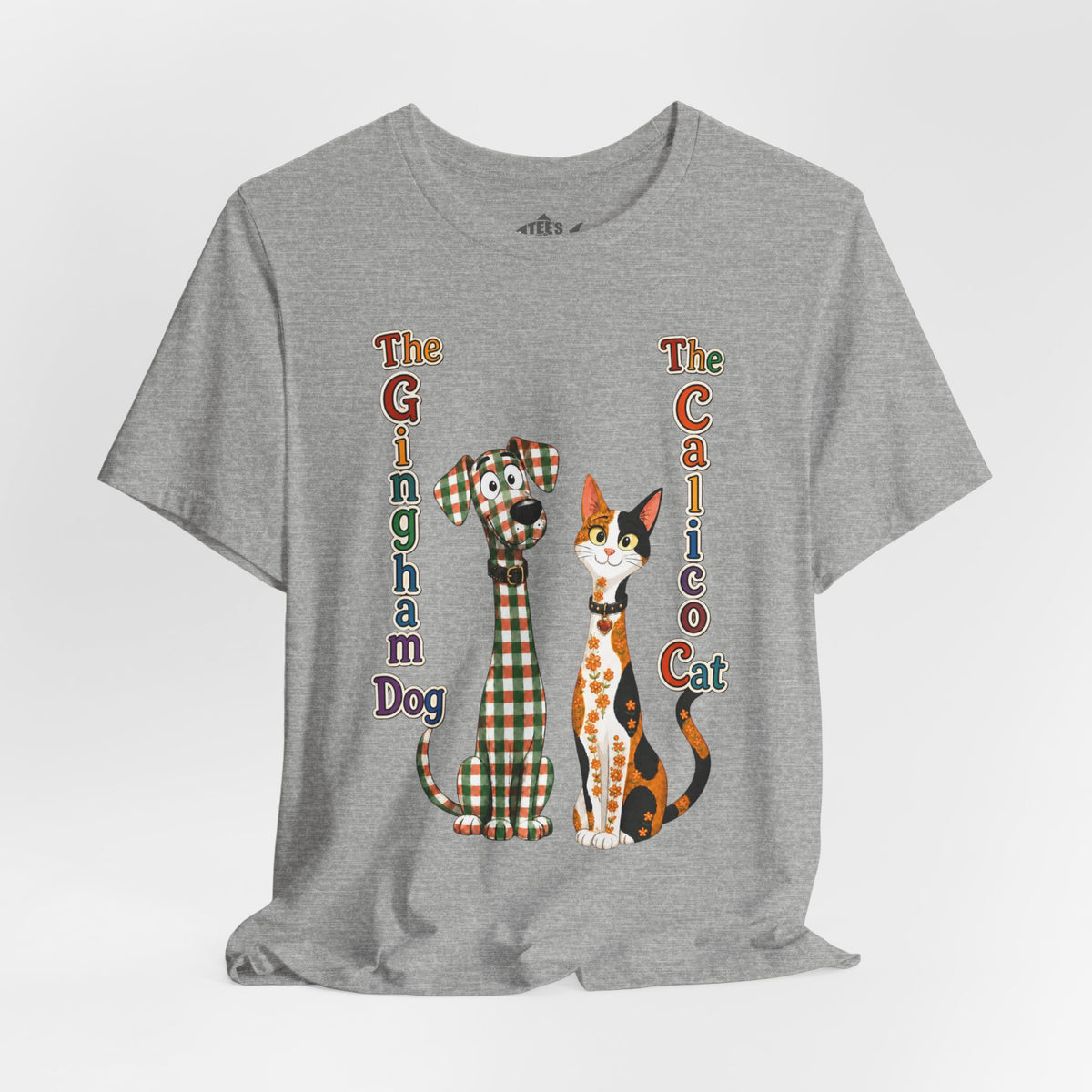 Gingham Dog & Calico Cat Tee — Plaid Pet Illustration T-Shirt
