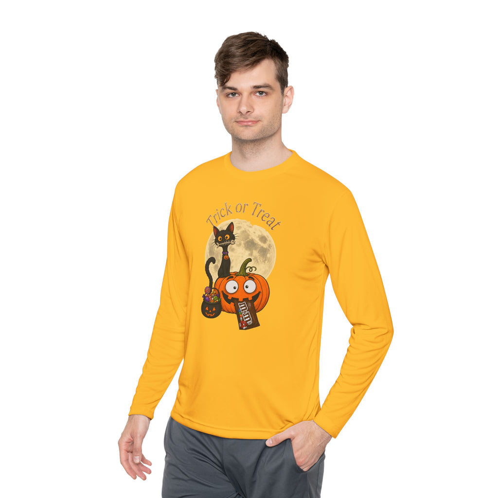 Halloween Pumpkin & Black Cat Long Sleeve Tee — "Trick or Treat / Hello Halloween"