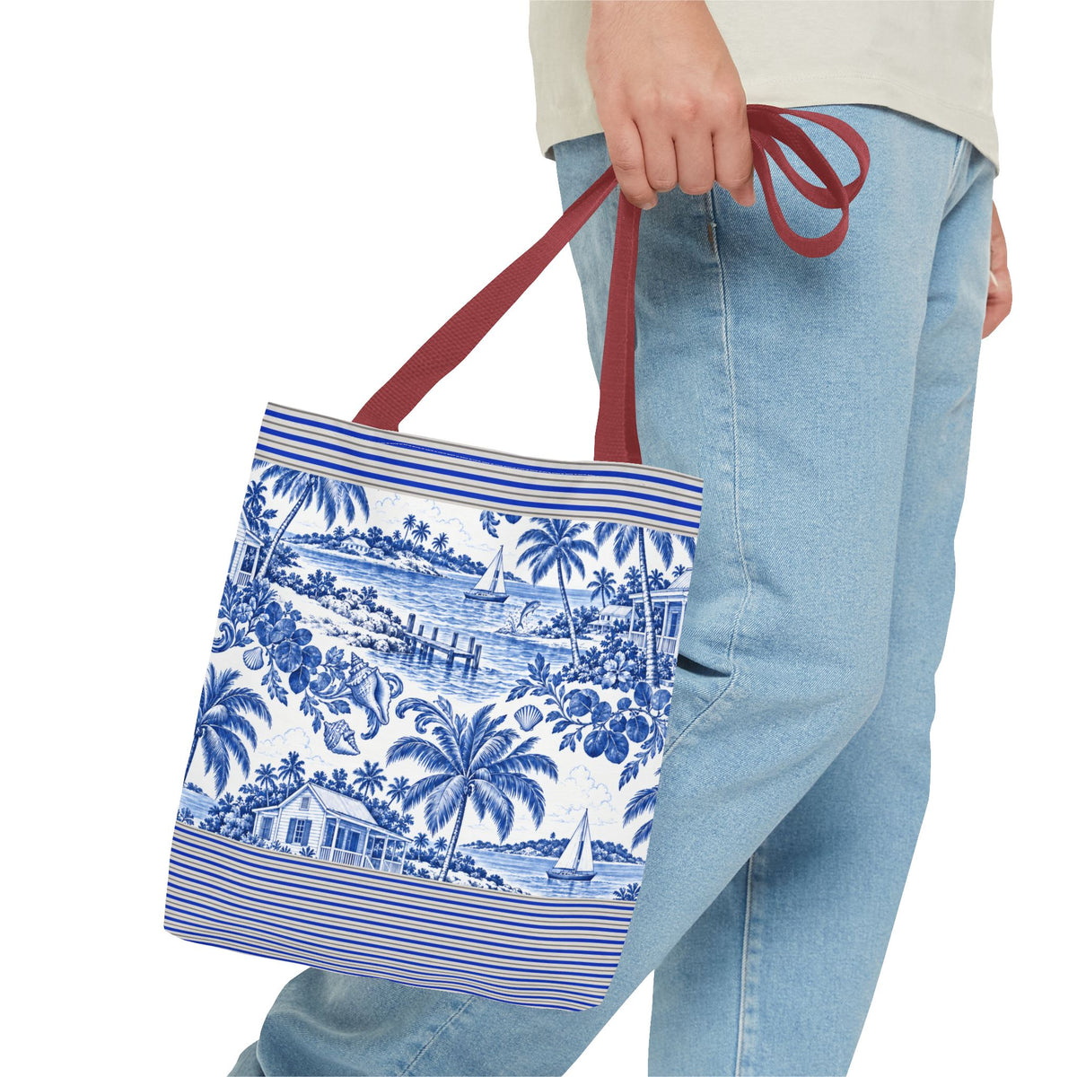 Nassau Blue Coastal Toile Tote Bag — Nautical Bahama / Palm Beach Scene All-Over Print