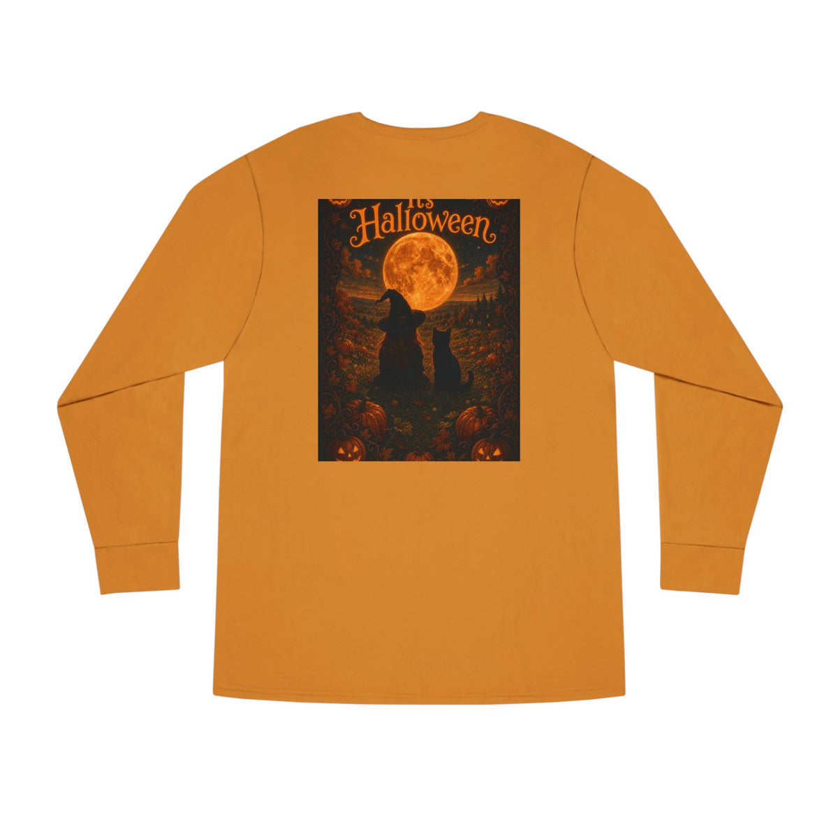 Halloween Cat Long Sleeve Tee — 'Hello Halloween' Jack-O'-Lantern Graphic