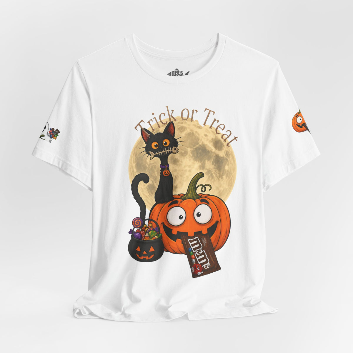White/ / Back, Front, sleeve design, Halloween T-shirt with a black cat orange pumpkin, full moon trick or treat candy bucket with candy and "Trick or Treat" text.