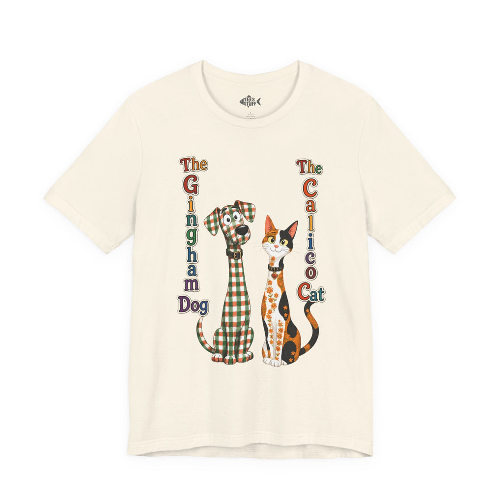 Gingham Dog & Calico Cat Tee — Plaid Pet Illustration T-Shirt