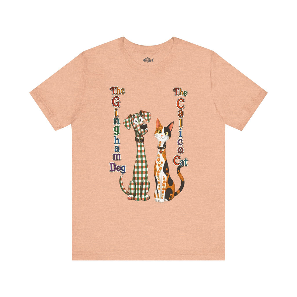 Gingham Dog & Calico Cat Tee — Plaid Pet Illustration T-Shirt