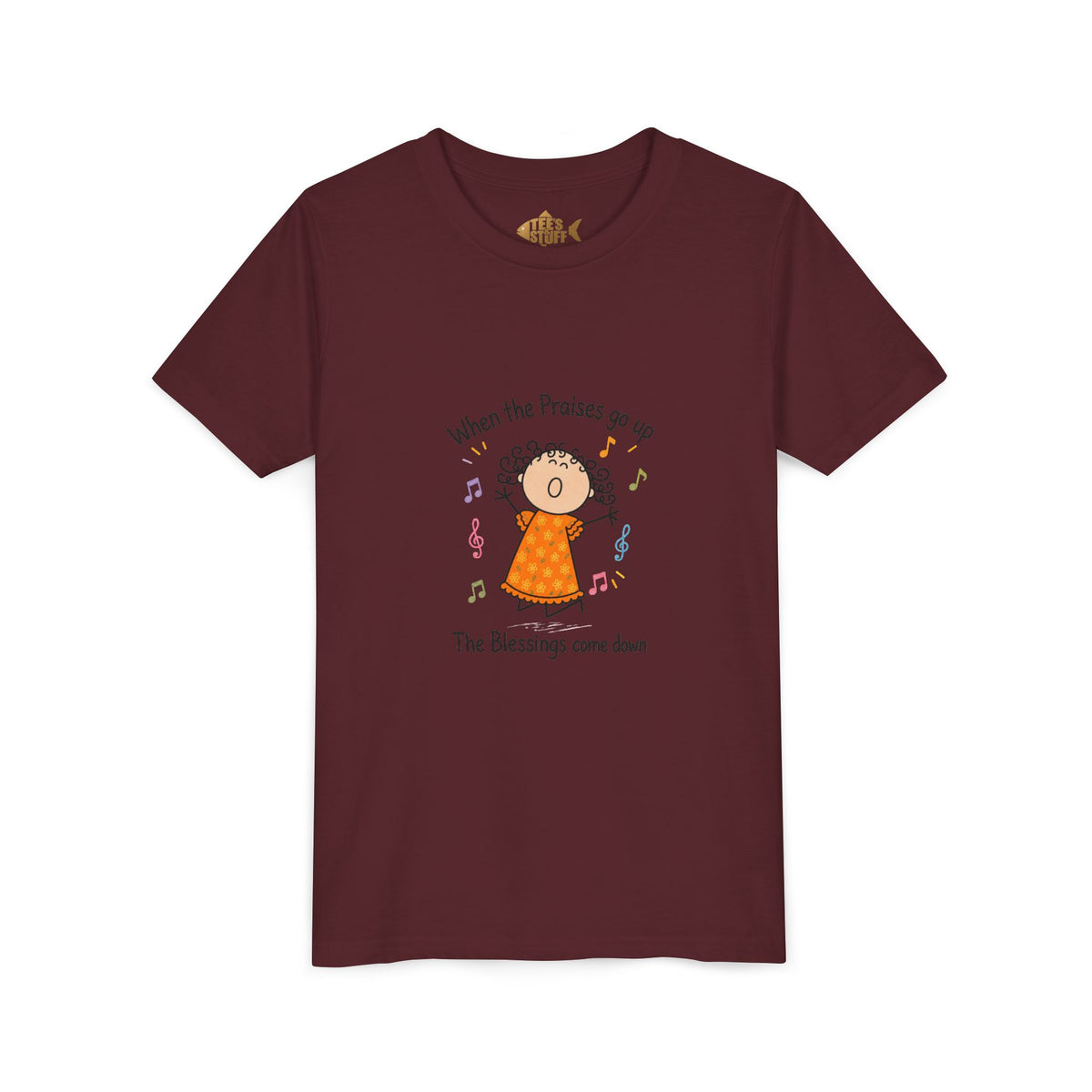 Youth Tee — "When the Praises Go Up, The Blessings Come Down" Kids Christian Shirt